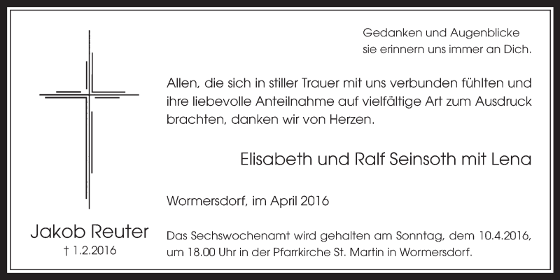  Traueranzeige für Jakob Reuter vom 06.04.2016 aus  Schaufenster/Blickpunkt 