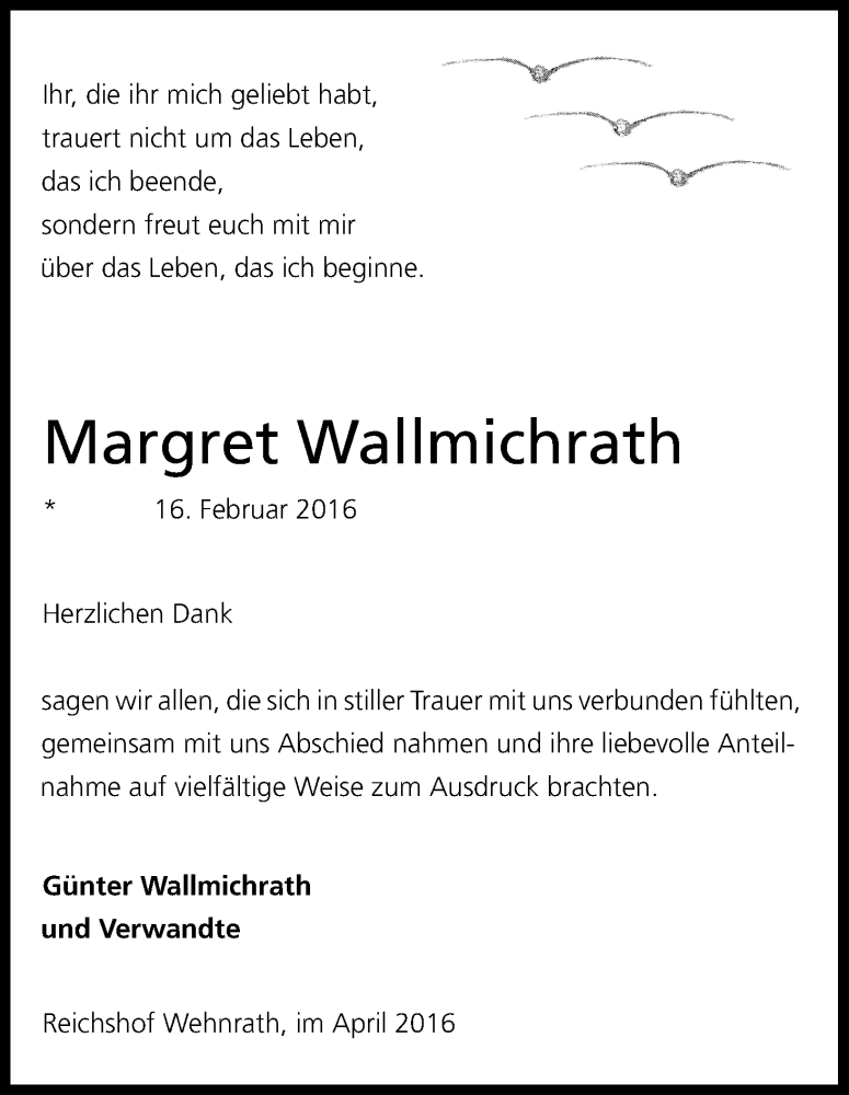  Traueranzeige für Margret Wallmichrath vom 16.04.2016 aus Kölner Stadt-Anzeiger / Kölnische Rundschau / Express
