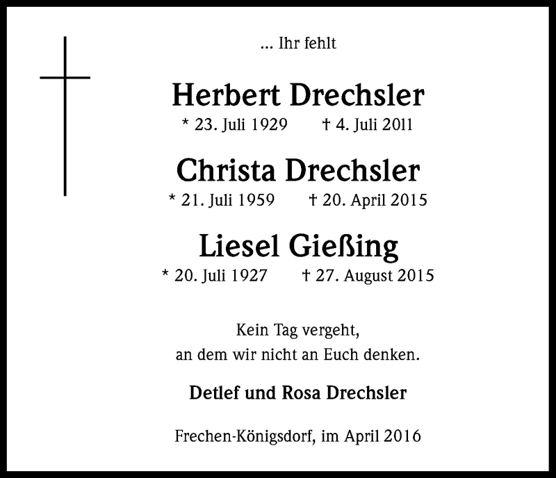  Traueranzeige für Liesel Gießing vom 20.04.2016 aus Kölner Stadt-Anzeiger / Kölnische Rundschau / Express