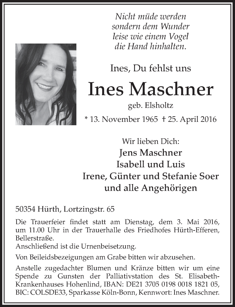  Traueranzeige für Ines Maschner vom 30.04.2016 aus  Sonntags-Post 