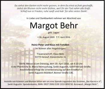 Anzeige von Margot Behr von Kölner Stadt-Anzeiger / Kölnische Rundschau / Express
