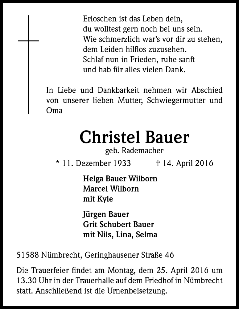  Traueranzeige für Christel Bauer vom 19.04.2016 aus Kölner Stadt-Anzeiger / Kölnische Rundschau / Express