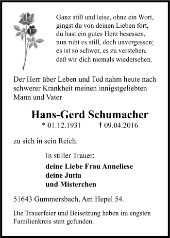 Anzeige von Hans-Gerd Schumacher von Kölner Stadt-Anzeiger / Kölnische Rundschau / Express