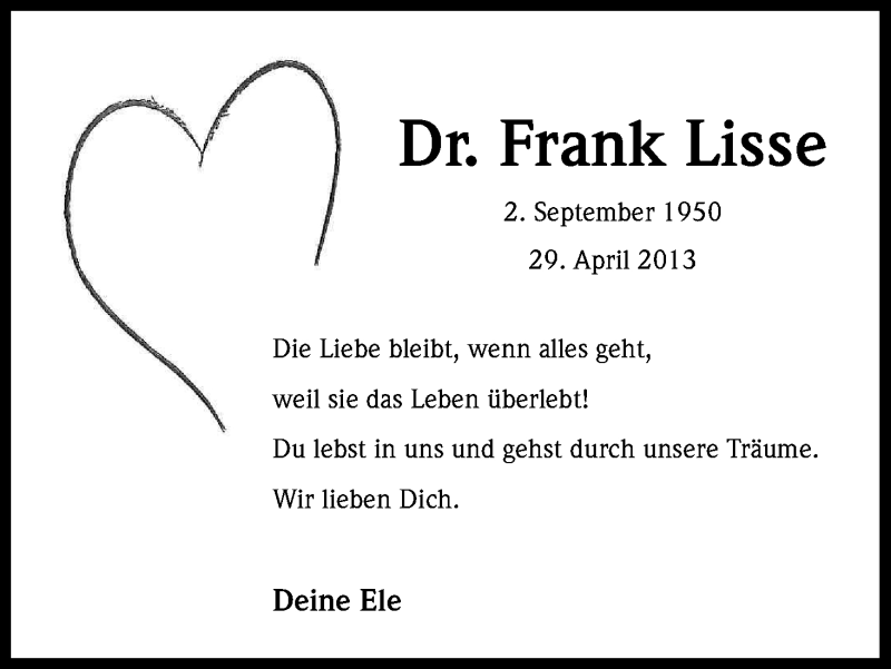  Traueranzeige für Frank Lisse vom 29.04.2016 aus Kölner Stadt-Anzeiger / Kölnische Rundschau / Express