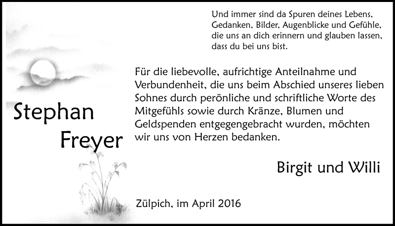  Traueranzeige für Stephan Freyer vom 09.04.2016 aus  Blickpunkt Euskirchen 