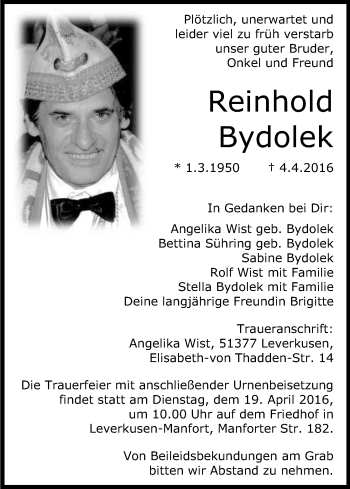 Anzeige von Reinhold Bydolek von Kölner Stadt-Anzeiger / Kölnische Rundschau / Express