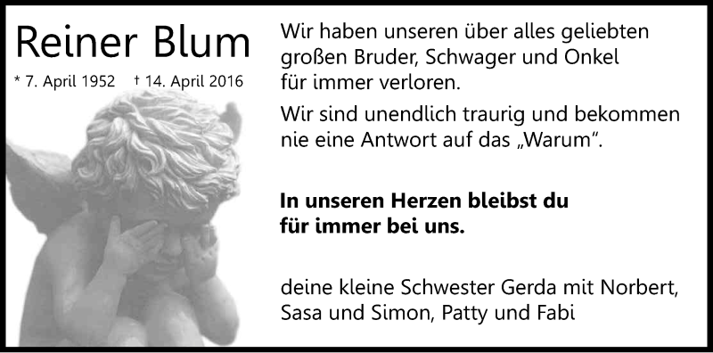  Traueranzeige für Reiner Blum vom 23.04.2016 aus Kölner Stadt-Anzeiger / Kölnische Rundschau / Express