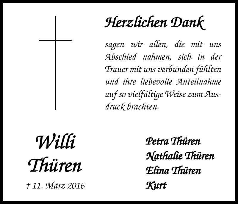  Traueranzeige für Willi Thüren vom 13.04.2016 aus Kölner Stadt-Anzeiger / Kölnische Rundschau / Express