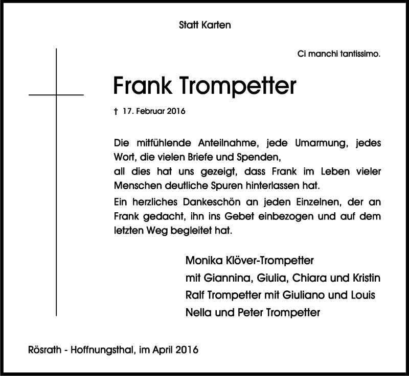  Traueranzeige für Frank Trompetter vom 16.04.2016 aus Kölner Stadt-Anzeiger / Kölnische Rundschau / Express