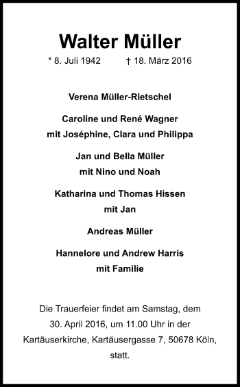 Anzeige von Walter Müller von Kölner Stadt-Anzeiger / Kölnische Rundschau / Express