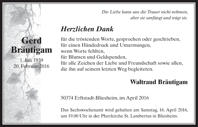  Traueranzeige für Gerd Bräutigam vom 13.04.2016 aus  Wochenende  Werbepost 