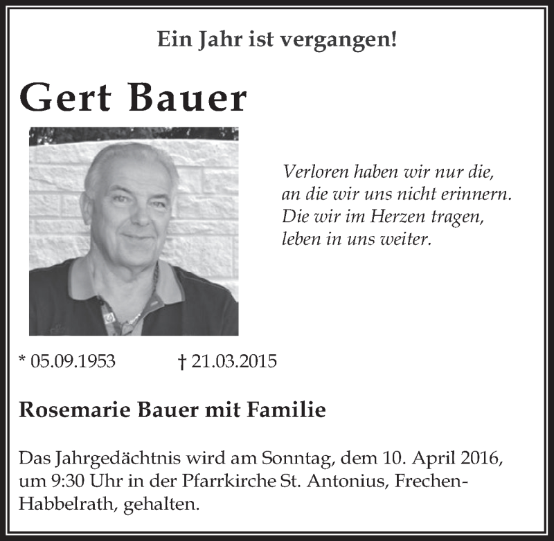  Traueranzeige für Gert Bauer vom 06.04.2016 aus  Wochenende 