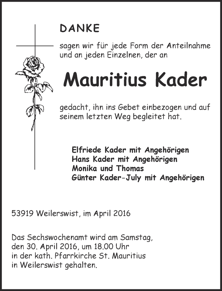  Traueranzeige für Mauritius Kader vom 09.04.2016 aus  Blickpunkt Euskirchen 
