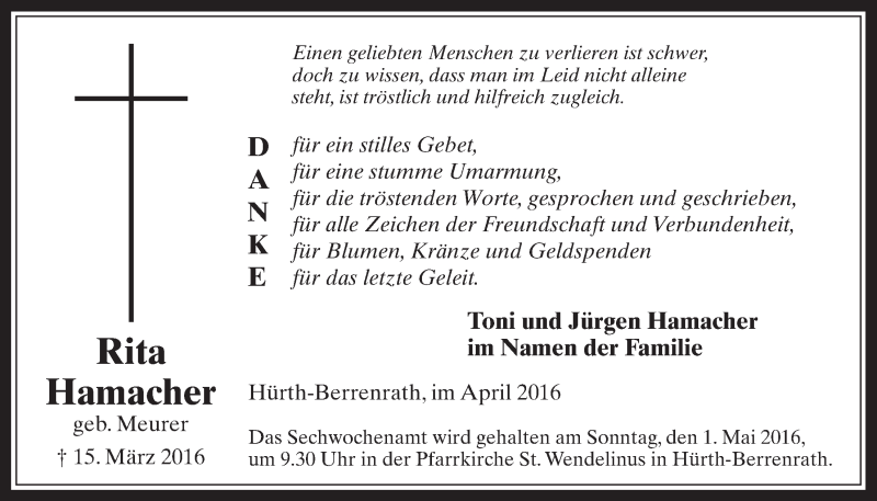  Traueranzeige für Rita Hamacher vom 13.04.2016 aus  Wochenende 