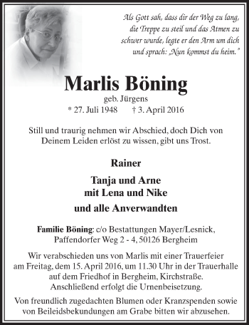 Anzeige von Marlis Böning von  Sonntags-Post 