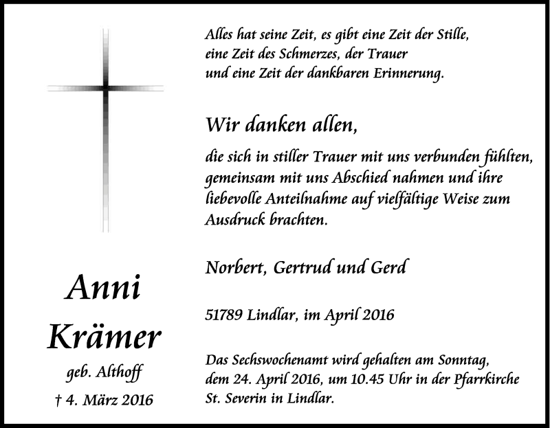  Traueranzeige für Anni Krämer vom 16.04.2016 aus Kölner Stadt-Anzeiger / Kölnische Rundschau / Express