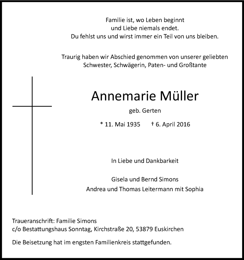  Traueranzeige für Annemarie Müller vom 16.04.2016 aus Kölner Stadt-Anzeiger / Kölnische Rundschau / Express