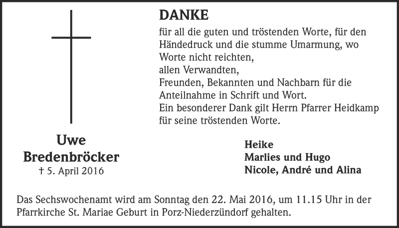  Traueranzeige für Uwe Bredenbröcker vom 27.04.2016 aus  Kölner Wochenspiegel 