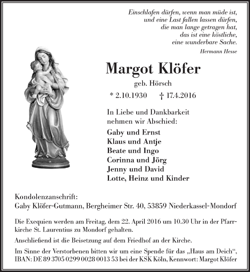  Traueranzeige für Margot Klöfer vom 20.04.2016 aus  Extra Blatt 