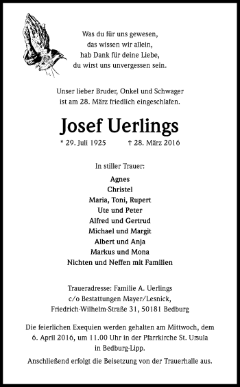Anzeige von Josef Uerlings von Kölner Stadt-Anzeiger / Kölnische Rundschau / Express
