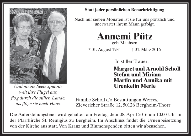  Traueranzeige für Annemi Pütz vom 06.04.2016 aus  Werbepost 