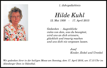 Anzeige von Hilde Kuhl von Kölner Stadt-Anzeiger / Kölnische Rundschau / Express