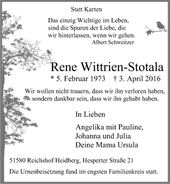 Anzeige von Rene Wittrien-Stotala von Kölner Stadt-Anzeiger / Kölnische Rundschau / Express