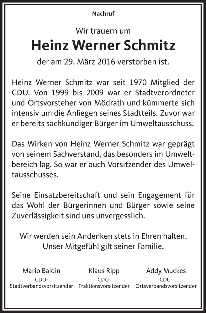  Traueranzeige für Heinz Werner Schmitz vom 06.04.2016 aus  Werbepost 