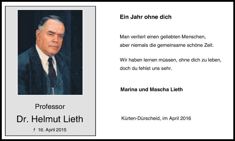  Traueranzeige für Helmuth Lieth vom 16.04.2016 aus Kölner Stadt-Anzeiger / Kölnische Rundschau / Express