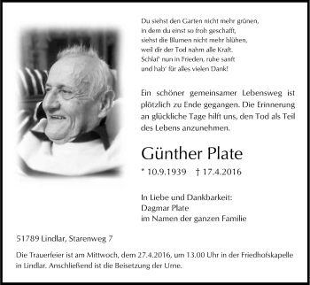 Anzeige von Günther Plate von Kölner Stadt-Anzeiger / Kölnische Rundschau / Express