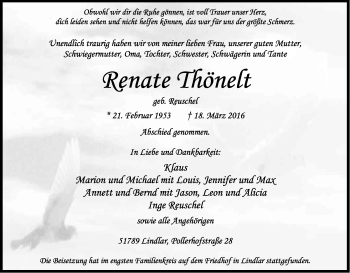 Anzeige von Renate Thönelt von Kölner Stadt-Anzeiger / Kölnische Rundschau / Express