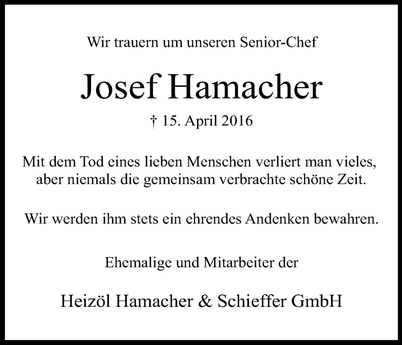  Traueranzeige für Josef Hamacher vom 20.04.2016 aus Kölner Stadt-Anzeiger / Kölnische Rundschau / Express