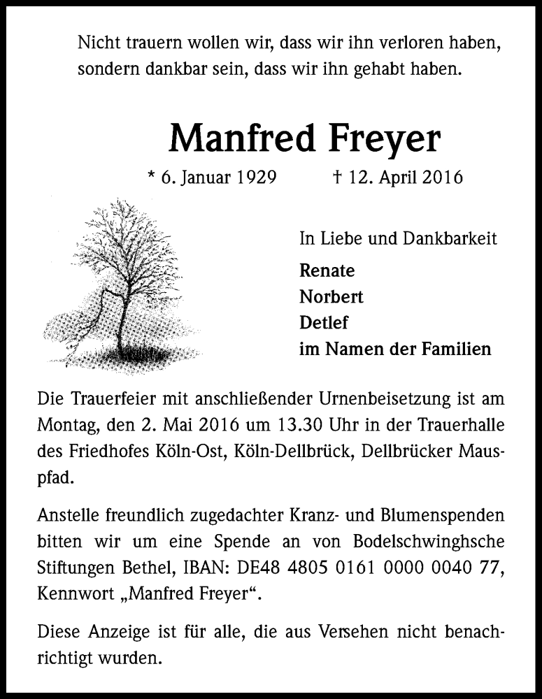  Traueranzeige für Manfred Freyer vom 23.04.2016 aus Kölner Stadt-Anzeiger / Kölnische Rundschau / Express