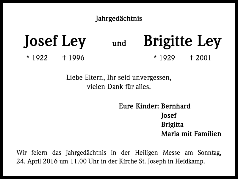  Traueranzeige für Brigitte Ley vom 23.04.2016 aus Kölner Stadt-Anzeiger / Kölnische Rundschau / Express