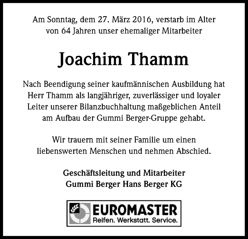  Traueranzeige für Joachim Thamm vom 05.04.2016 aus Kölner Stadt-Anzeiger / Kölnische Rundschau / Express