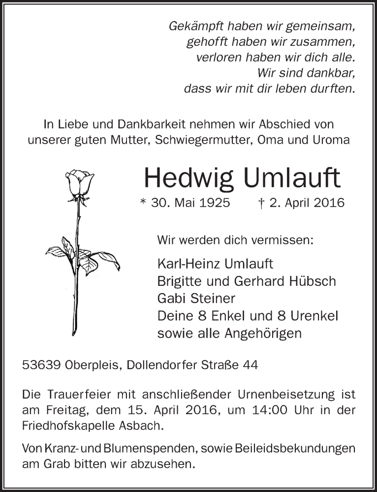  Traueranzeige für Hedwig Umlauft vom 09.04.2016 aus  Rhein-Sieg-Wochenende 