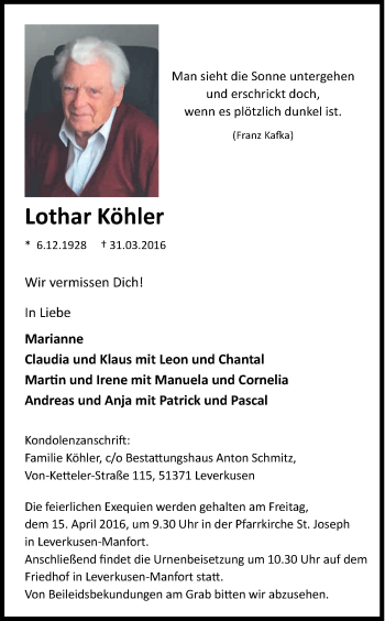 Anzeige von Lothar Köhler von Kölner Stadt-Anzeiger / Kölnische Rundschau / Express