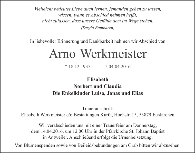  Traueranzeige für Arno Werkmeister vom 09.04.2016 aus  Blickpunkt Euskirchen 