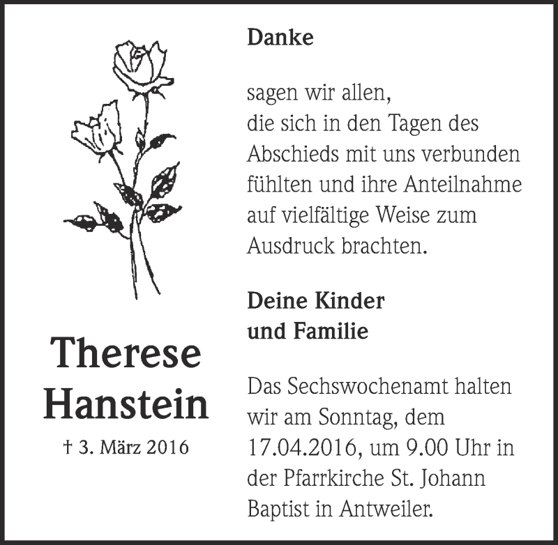  Traueranzeige für Therese Hanstein vom 09.04.2016 aus  Blickpunkt Euskirchen 