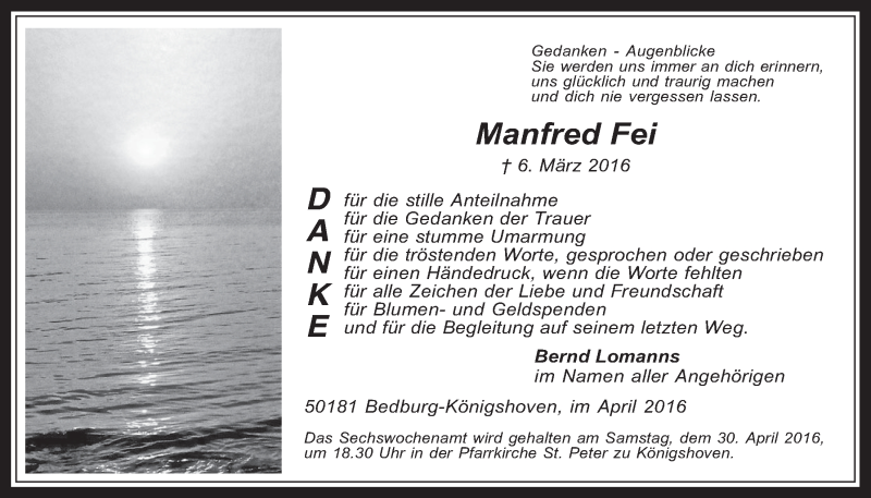  Traueranzeige für Manfred Fei vom 27.04.2016 aus  Werbepost 