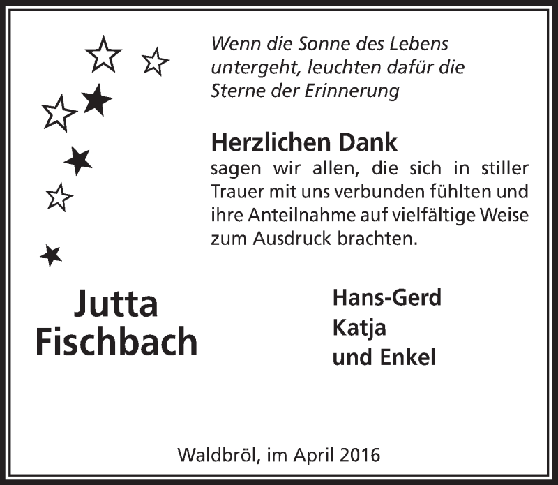  Traueranzeige für Jutta Fischbach vom 27.04.2016 aus  Lokalanzeiger 
