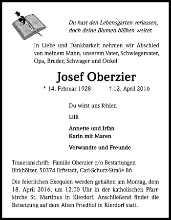 Anzeige von Josef Oberzier von Kölner Stadt-Anzeiger / Kölnische Rundschau / Express