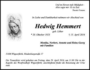 Anzeige von Hedwig Hemmert von Kölner Stadt-Anzeiger / Kölnische Rundschau / Express