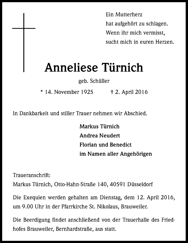  Traueranzeige für Anneliese Türnich vom 09.04.2016 aus Kölner Stadt-Anzeiger / Kölnische Rundschau / Express