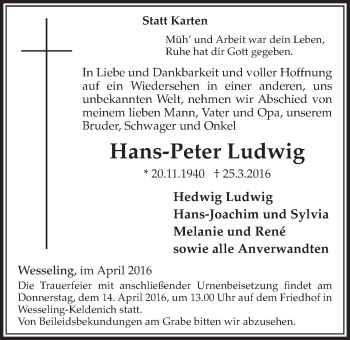 Anzeige von Hans-Peter Ludwig von  Schlossbote/Werbekurier 
