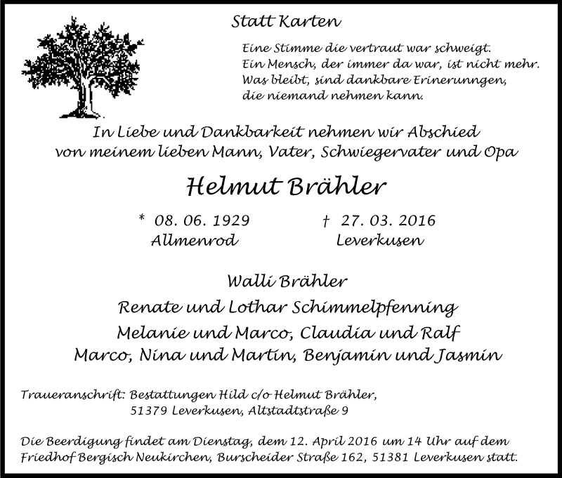  Traueranzeige für Helmut Brähler vom 06.04.2016 aus Kölner Stadt-Anzeiger / Kölnische Rundschau / Express