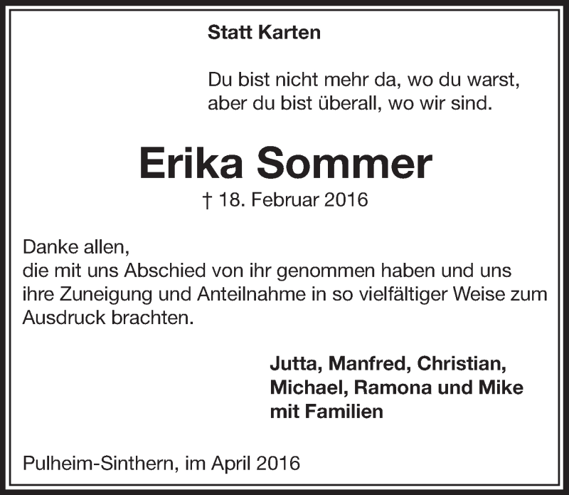  Traueranzeige für Erika Sommer vom 16.04.2016 aus  Sonntags-Post 