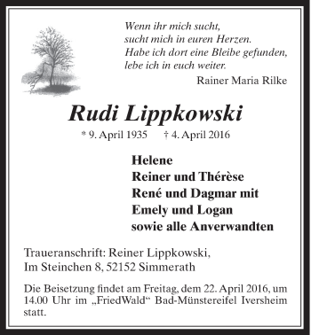 Anzeige von Rudi Lippkowski von  Schlossbote/Werbekurier 