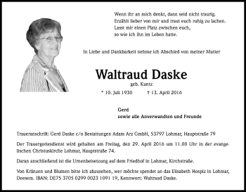 Anzeige von Waltraud Daske von Kölner Stadt-Anzeiger / Kölnische Rundschau / Express
