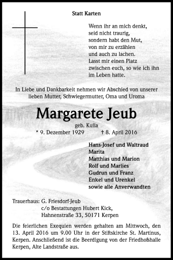 Anzeige von Margarete Jeub von Kölner Stadt-Anzeiger / Kölnische Rundschau / Express